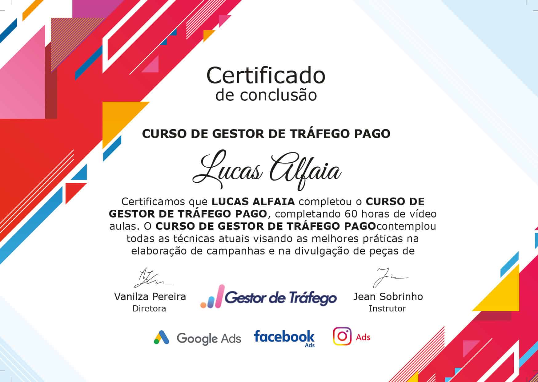 Certificado de Conclusão do Curso de Gestor de Tráfego Pago
